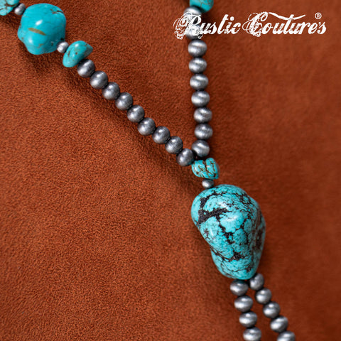 RNS-1052  Rustic Couture's Bohemian Y Shaped Beaded Nougat Necklace With Earing