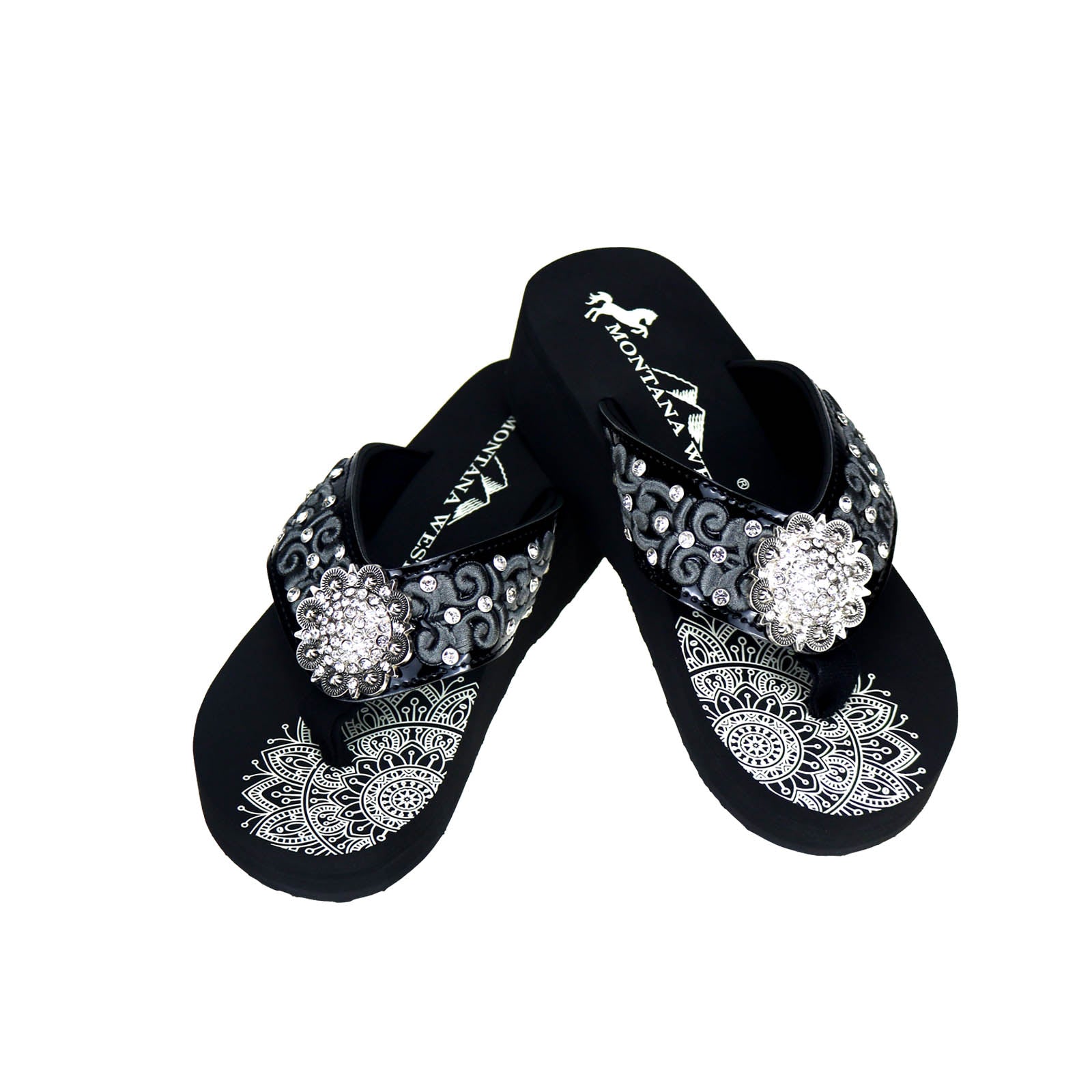 SE95-S001 Mandala Embroidered Rhinestones Wedge Flip-Flop By Case -Black