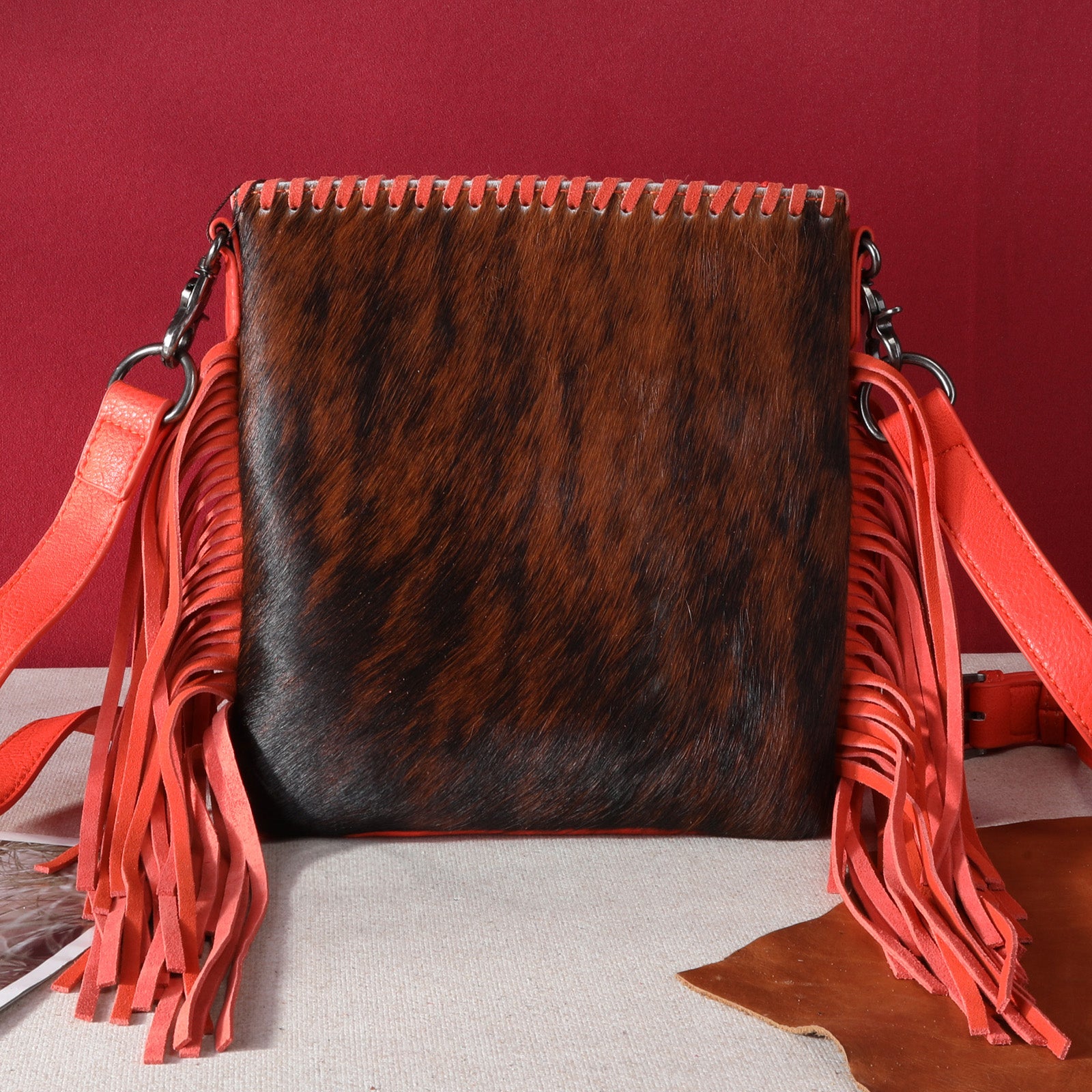 TR162G-2001 Trinity Ranch Hair-On Cowhide Fringe Concealed Carry Crossbody Bag - Orange