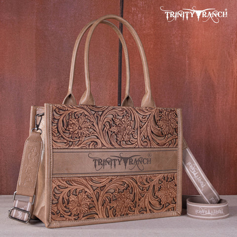 TR169G-8119S   Trinity Ranch  Floral Tooled Concealed Carry Tote - Khaki