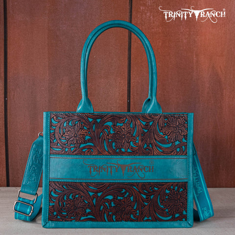 TR169G-8119S   Trinity Ranch Floral Tooled Concealed Carry Tote - Turquoise