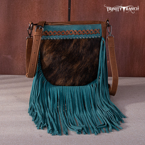 TR171-8360  Trinity Ranch Hair-On Cowhide Fringe Crossbody Bag -Brown