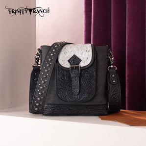 TR185G-9360 Trinity Ranch Genuine Hair-On Cowhide Tooled Concealed Carry Crossbody Bag - Black