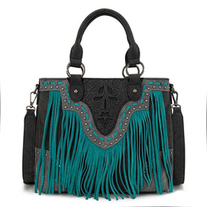 TR194-8250 Trinity Ranch Floral Tooled Fringe Tote/Crossbody - Black