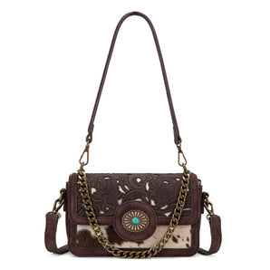 TR205-888CF Trinity Ranch Cowhide Floral Cutout Crossbody Bag - Coffee
