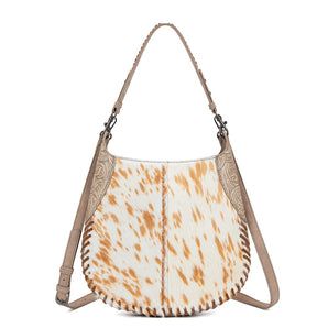 TR208-8360TN Trinity Ranch Cowhide & Tooled Leather Hobo Crossbody Bag - Tan
