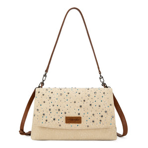 WG-HB-458-990-TN Wrangler Rhinestone Denim Flap Shoulder Bag - Tan