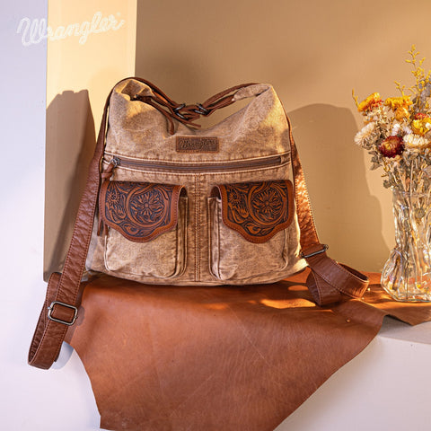 WG103-2008  Wrangler Floral Tooled Denim Hobo/Crossbody Backpack (Convertible ) Brown