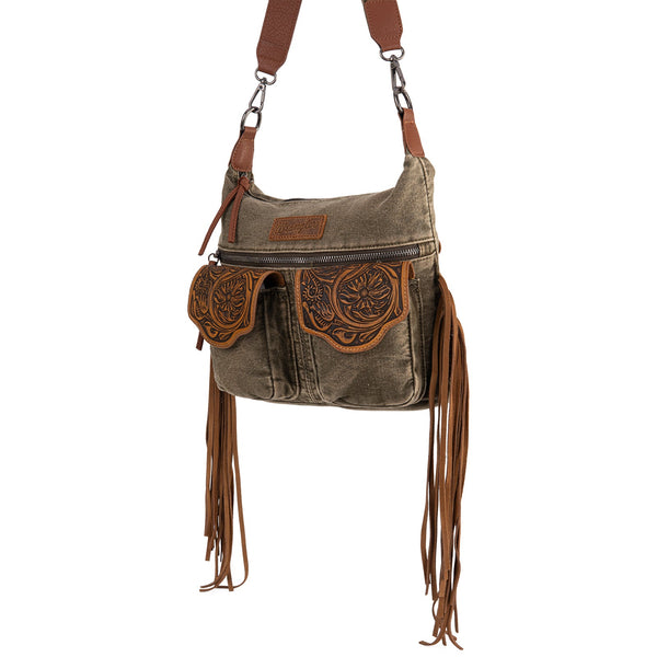 WG103-2009S Wrangler Fringe Floral Tooled Denim Crossbody