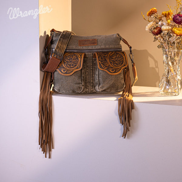 WG103-2009S Wrangler Fringe Floral Tooled Denim Crossbody - Olive