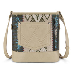 WG213-2003  Wrangler Aztec Distressed Print Dual Sided Print Concealed Carry Crossbody-Tan