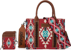WG2203-8120SW  Wrangler Aztec Small Tote/Crossbody and Card Case Set 2Pc- Burgundy