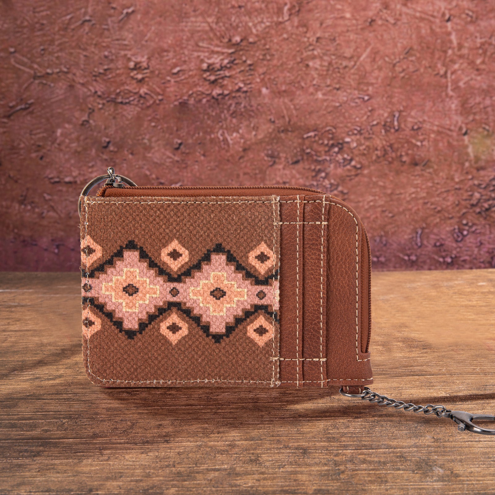 WG2203-W005 Wrangler Southwestern Art Print Mini Zip Card Case Dark Brown