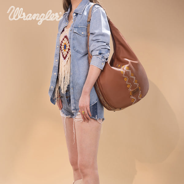 WG233-3027 Wrangler Aztec Embroidered Large Hobo Bag- Brown