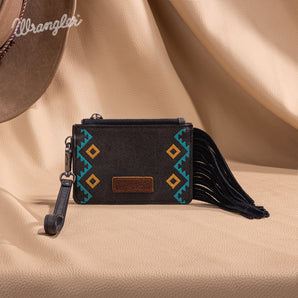 WG233-W069 Wrangler Aztec Embroidered Fringe Card Wallet/Wristlet - Black