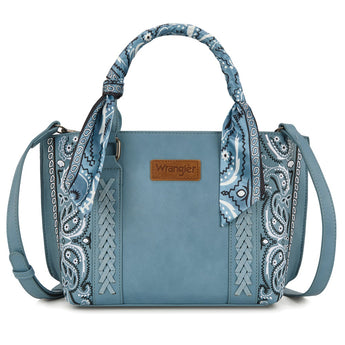 Jean handbag with paisley patterns and 'Wrangler' branding on a white background