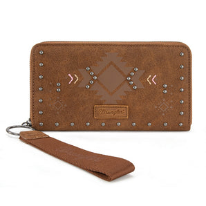WG333-W006BR Wrangler Aztec Studded Zip-Around Wallet - Brown