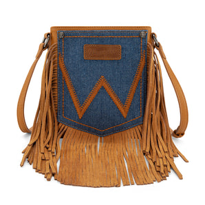 WG367-8360 Wrangler Leather Fringe Jean Denim Pocket Crossbody - Light Brown