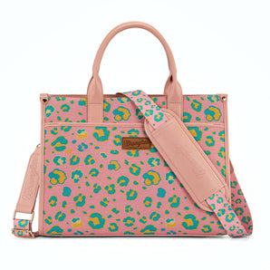 WG436-8119PK Wrangler Leopard Print Canvas Oversized Tote with Adjustable Strap - Pink