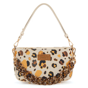 WG436-818BG Wrangler Leopard Print Canvas Shoulder Bag with Chain Strap - Beige