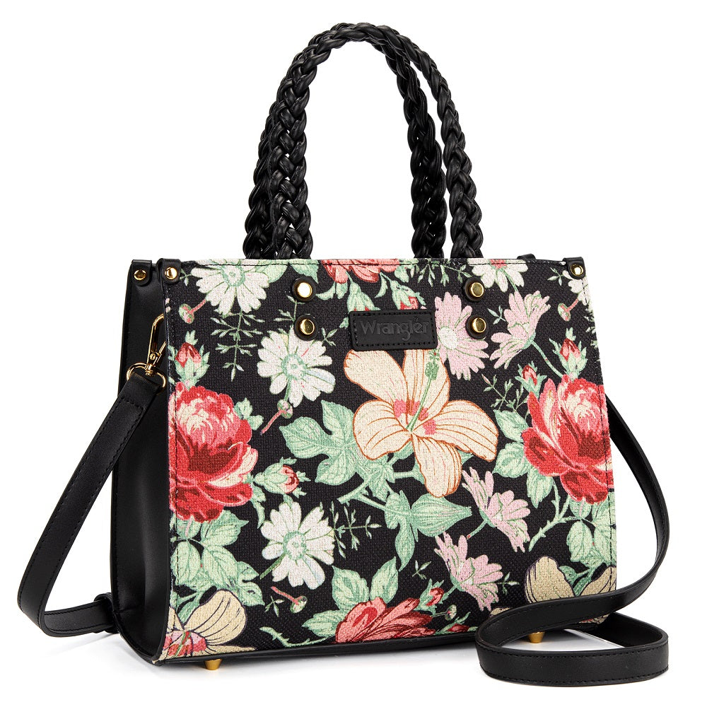 Wrangler Floral Print Braided Tote Bag - Black | Montana West USA