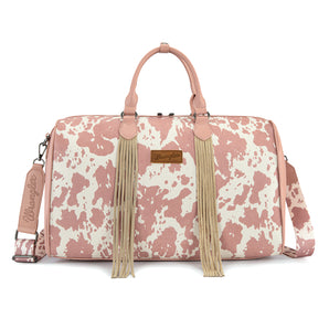 WG444-5110DPK Wrangler Cow Print Fringe Duffle/Crossbody - Dark Pink