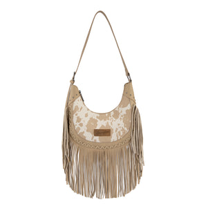 WG444-818TN Wrangler Cow Print Fringe Shoulder Hobo Bag - Tan