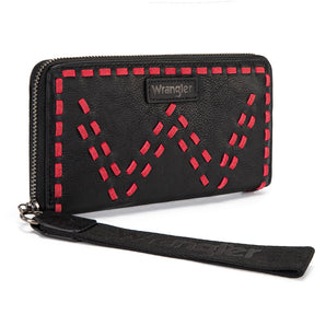 WG449-W130BK Wrangler Western Stitch Zip Around Wristlet Wallet - Black