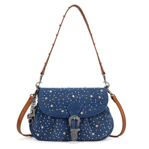 WG458-818DJN Wrangler Western Rhinestone Denim Flap Crossbody Shoulder Bag - Dark Jean