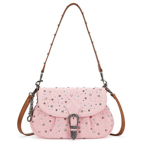 WG458-818PK Wrangler Western Rhinestone Denim Flap Crossbody Shoulder Bag - Pink