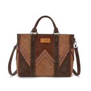 WG519-8300BR Wrangler Western Color-Block Chevron Stitch Satchel Tote Bag - Brown