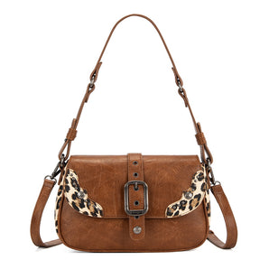WG528-2003BR Wrangler Western Buckle Studded Shoulder Crossbody Bag - Brown