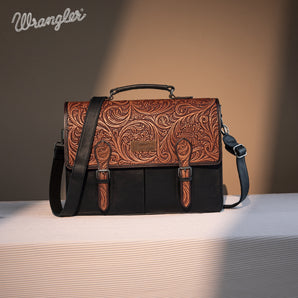 WG75-014 Wrangler Genuine Leather Western Vintage Tooled Briefcase - Black
