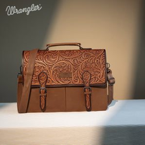 WG75-014 Wrangler Genuine Leather Western Vintage Tooled Briefcase - Brown