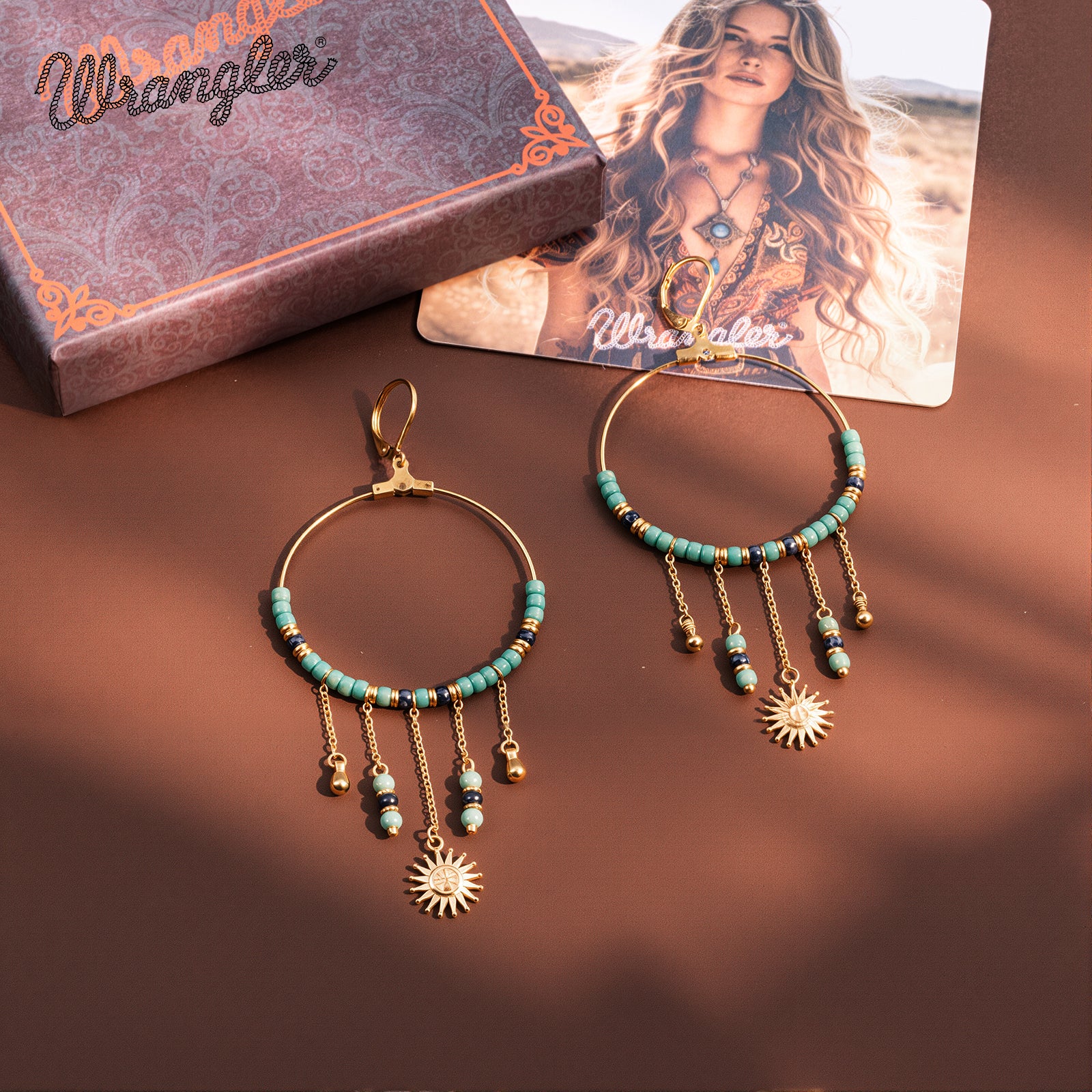 WGE-1105G-GN Wrangler 14K Gold Plated Natural Stone Dangling Charms Hoop Earrings - Green