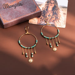 WGE-1105G-GN Wrangler 14K Gold Plated Natural Stone Dangling Charms Hoop Earrings - Green