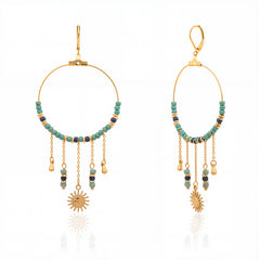 WGE-1105G-GN Wrangler 14K Gold Plated Natural Stone Dangling Charms Hoop Earrings - Green