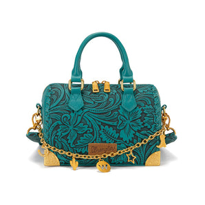 WG-HB-541-6661-TQ Wrangler Genuine Leather Tooled Floral Boston Crossbody Bag with Charm Chain -Turquoise