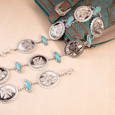 RCB-1057  Rustic Couture Etched Thunderbird Turquoise Stone Centered Concho Link Chain Belt