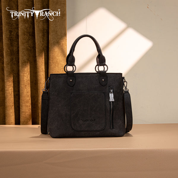 TR194-8250 Trinity Ranch Floral Tooled Fringe Tote/Crossbody