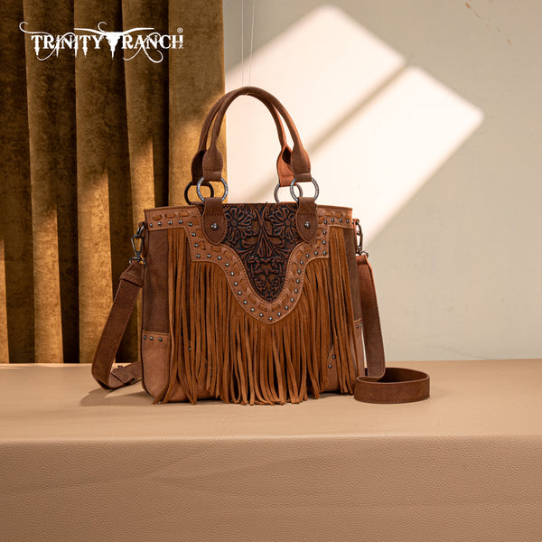 TR194-8250 Trinity Ranch Floral Tooled Fringe Tote/Crossbody