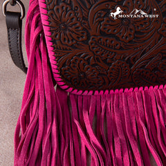RLC-L159 Montana West Genuine Leather Tooled Collection Fringe Crossbody Coffee-Pink