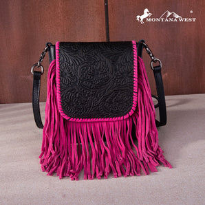 RLC-L159 Montana West Genuine Leather Tooled Collection Fringe Crossbody Black - Hot Pink