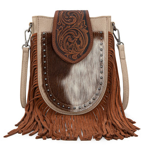 TR180-8360 Trinity Ranch Genuine Hair-On Cowhide Tooled Fringe Crossbody Bag - Tan