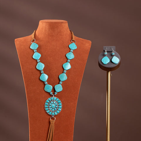 RNS-1040  Rustic Couture's Beaded Leather Tassels Turquoise Stone Pendant Necklace Earring Set