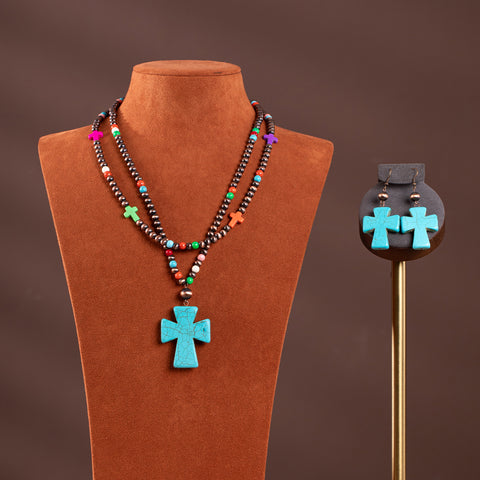 RNS-1039  Rustic Couture's  Double Layered Beaded Necklace Cross Pendant Earrings Set