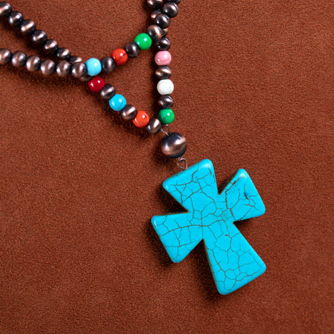 RNS-1039  Rustic Couture's  Double Layered Beaded Necklace Cross Pendant Earrings Set