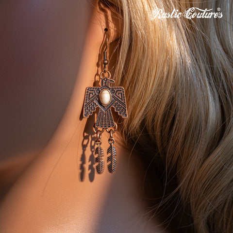 RCE-1115  Rustic Couture's  Thunderbird Earrings Feathers Dangles