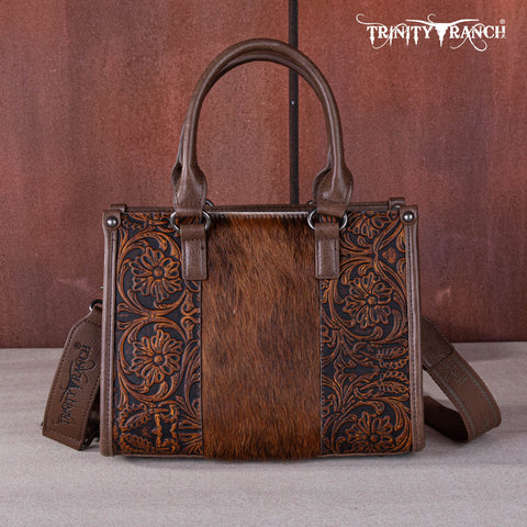 TR164-8250  Trinity Ranch Hair On Cowhide Tooling Concealed Carry Tote/Crossbody