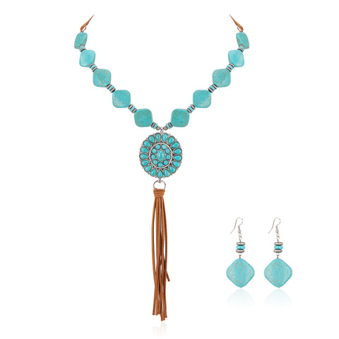 RNS-1040  Rustic Couture's Beaded Leather Tassels Turquoise Stone Pendant Necklace Earring Set